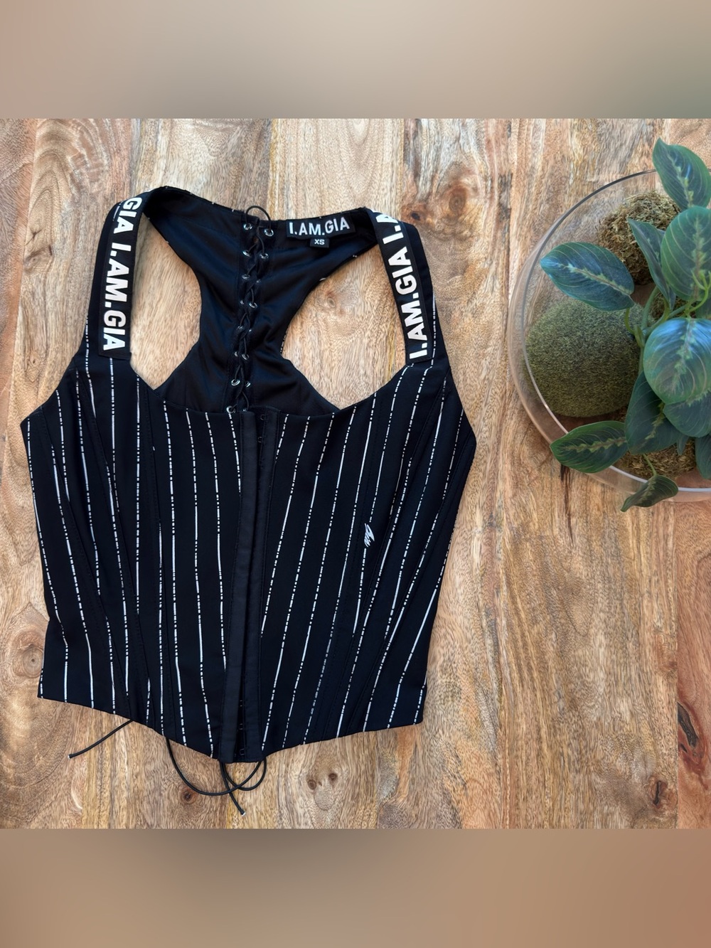 I.AM.GIA Black Lace-Up Corset Top with White Logo